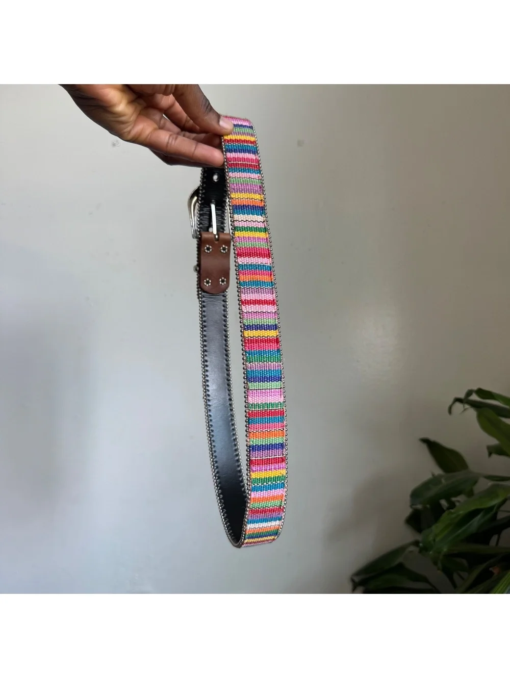 Rare Elite Fresno CA Multicolor Woven Striped Belt with Silver Beaded Trim - M
